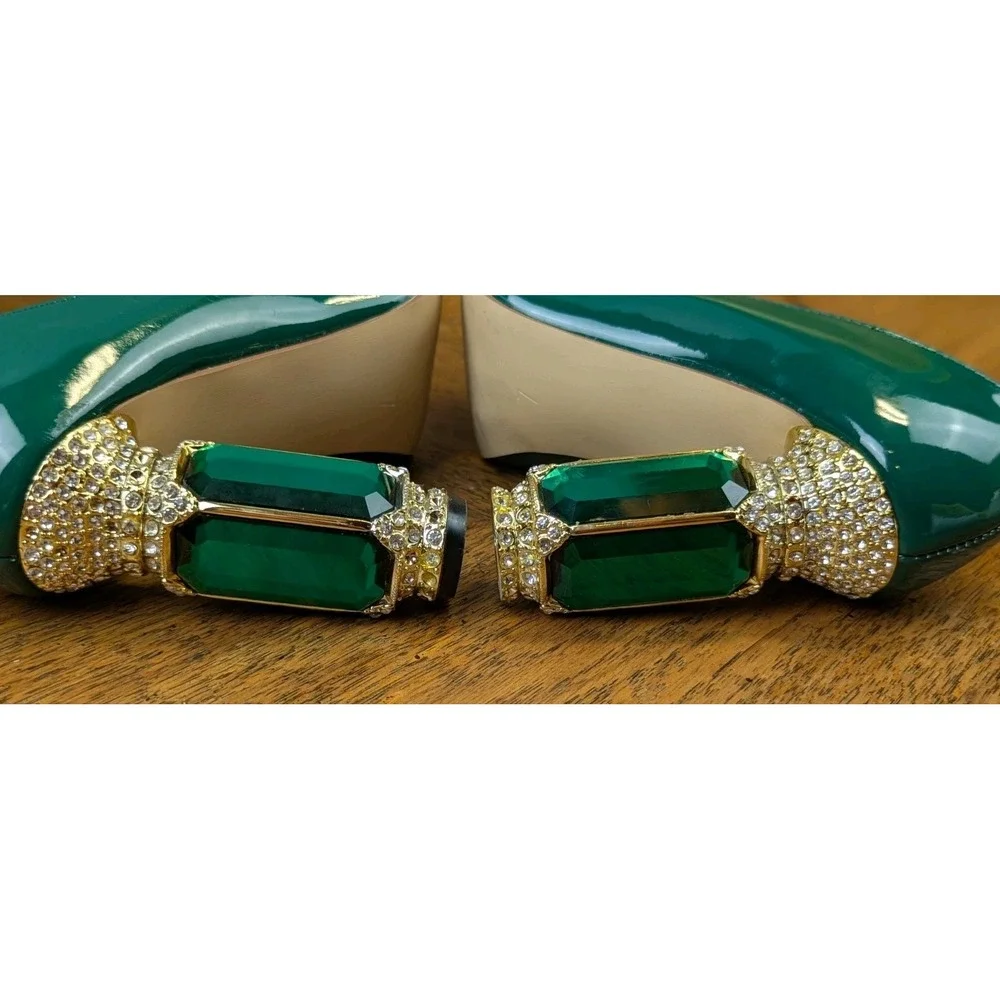FSJ Green Patent Leather Faux Rhinestones Large Faux Emeralds Encrusted Heels 7 - Picture 8 of 11